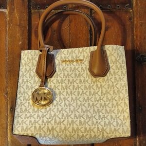 Michael Kors Beige & Brown MK Signature Tote with Gold Accent